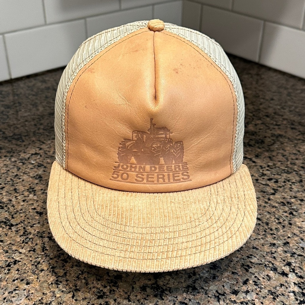 Vtg John Deere 50 Series Trucker Hat OSFA Tan Corduroy Leather Mesh Cap USA
